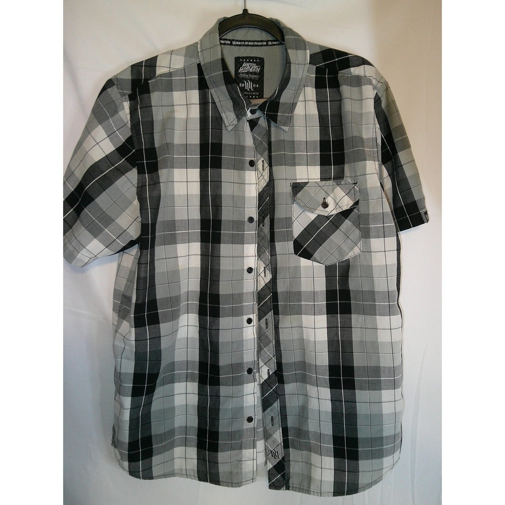 Hart and Huntington Plaid Button Up Shirt Mens Large Short Sleeve Black‎ Gray